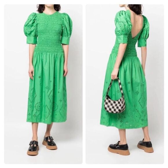 Ganni Broderie Anglaise Cotton Midi Dress in Kelly Green F7208 Women’s 38 / 8 US - Picture 1 of 16
